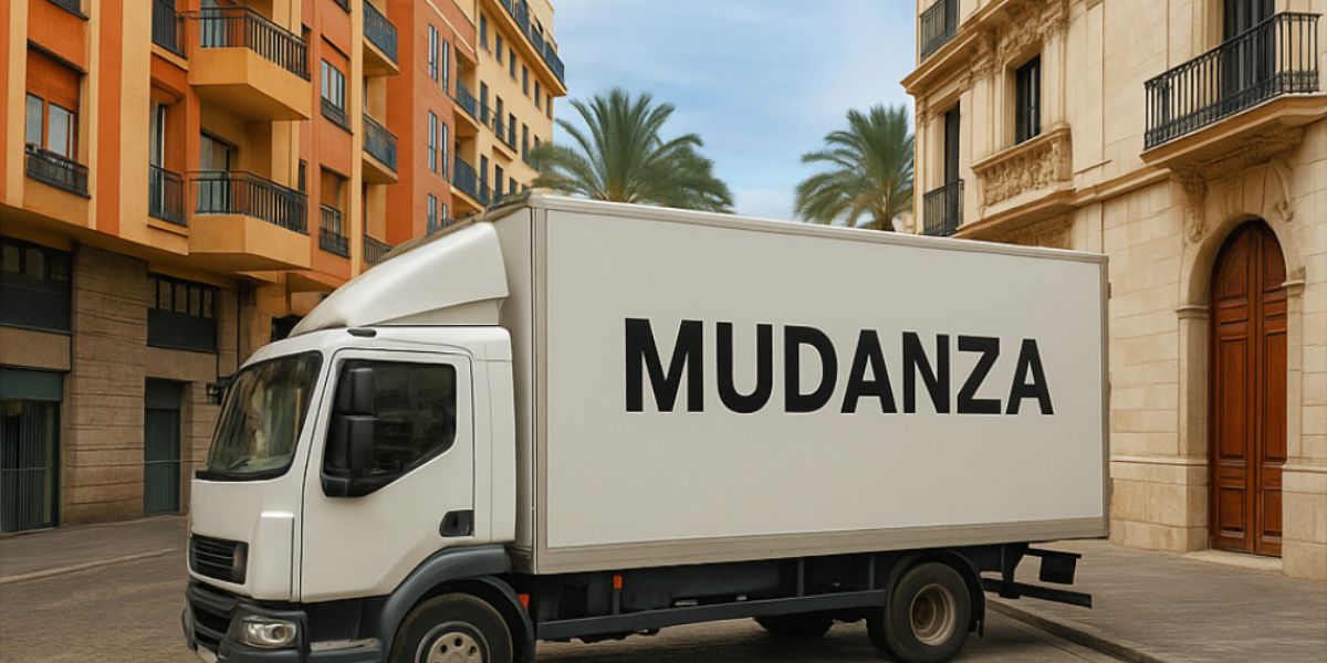 Camión de mudanzas en el centro de Alicante, aparcado entre edificios típicos de la ciudad.