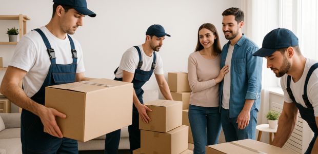 Familia alicantina siendo ayudada por un equipo de mudanzas mientras preparan cajas en su nuevo hogar.