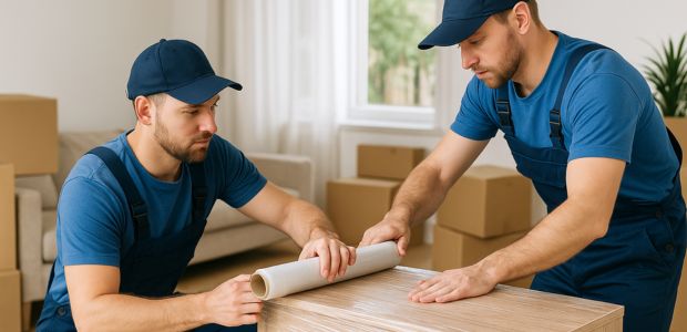 Dos operarios embalan con plástico protector un mueble de madera durante una mudanza en Alicante.